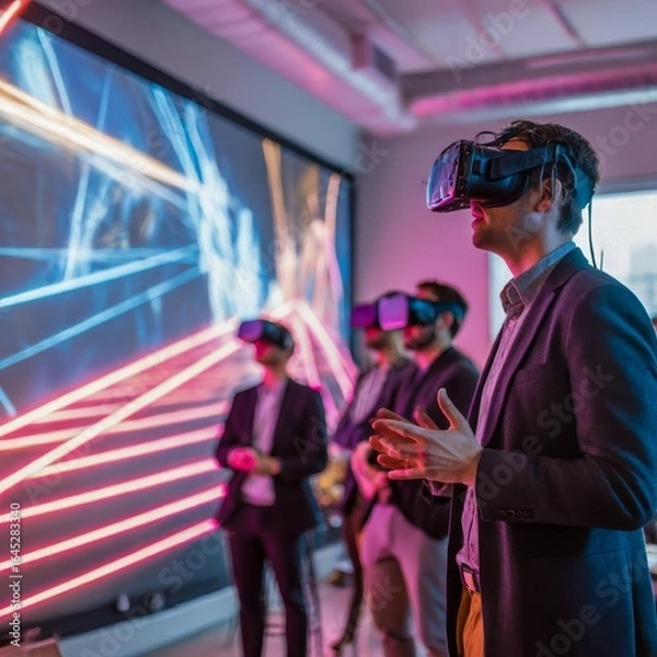Fototapeta VR business pitch in a hightech accelerator VR headsets dynamic projections focused entrepreneurs neon accents bold contrast
