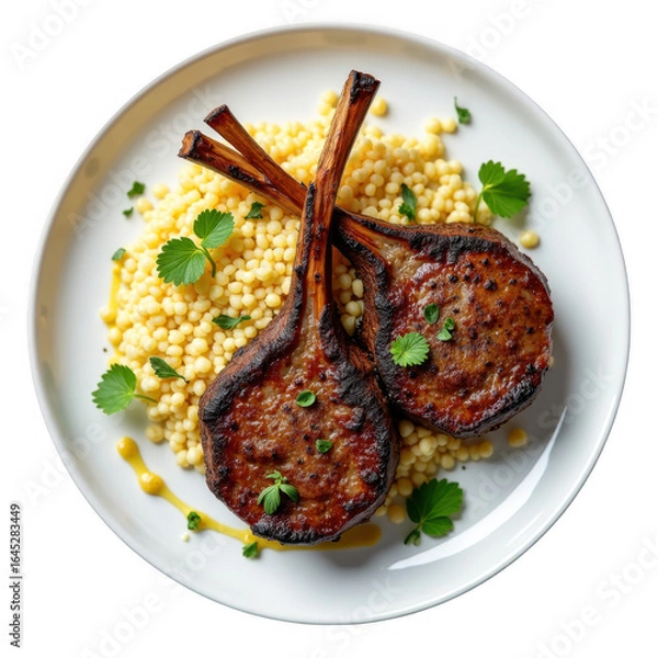 Fototapeta Delicious grilled lamb chops with couscous and fresh herbs plated on a white plate transparent background
