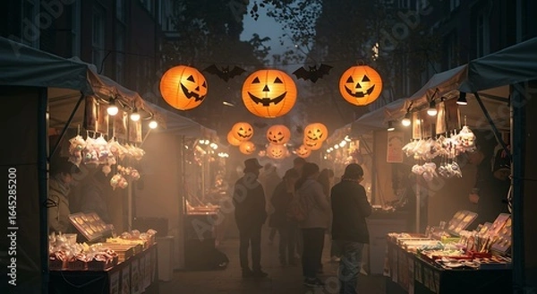 Obraz Evening market alley with paper lanterns shaped like pumpkins/bats; stalls selling pastel-hued Halloween snacks