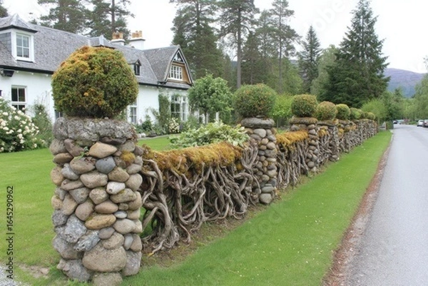 Fototapeta Stone wall with root-covered supports, shrubs, and house