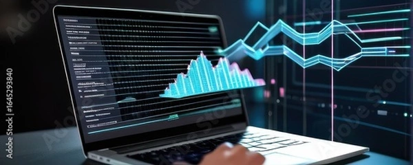 Obraz Laptop Screen Showing Teal and Purple Data Graphs and Code at Night