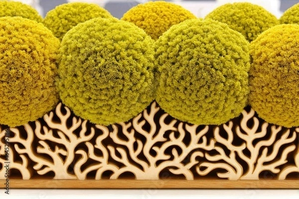 Fototapeta Yellow pom-pom balls in a wooden tray with a carved design
