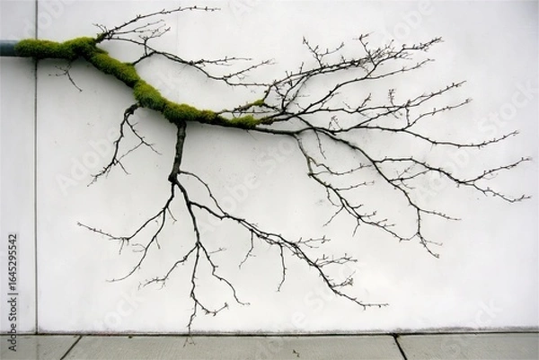 Fototapeta A bare branch, draped with moss, extends across a white wall
