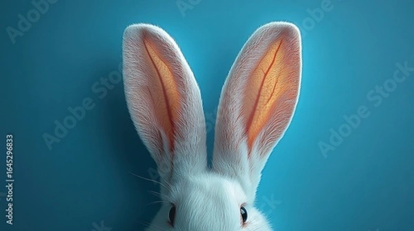 Obraz Cute bunny ears peeking on pastel blue background in flat lay with text area, ideal for social media and web design.