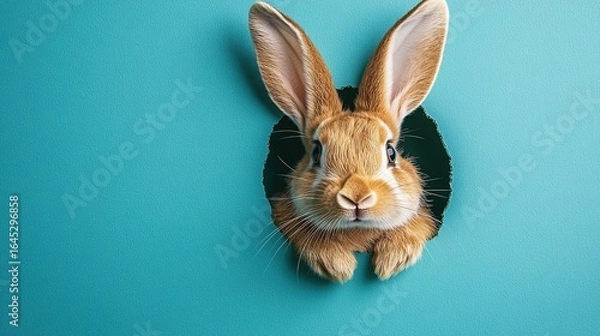 Obraz Easter bunny ears sticking out of blue background hole with copy space for minimalist banner design, cute element for advertising and holiday decoration.