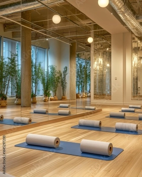 Fototapeta Yoga studio with mirrored walls foam rollers and bamboo flooring