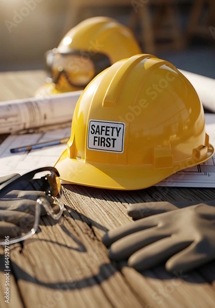 Fototapeta A close up shot of a yellow construction helmet with safety first sticker placed on a rugged wooden workbench at a construction site