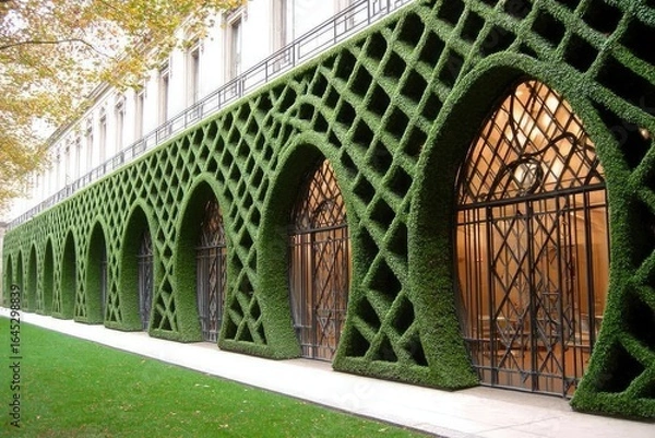 Fototapeta Ornate facade with lush green hedges forming arches over windows