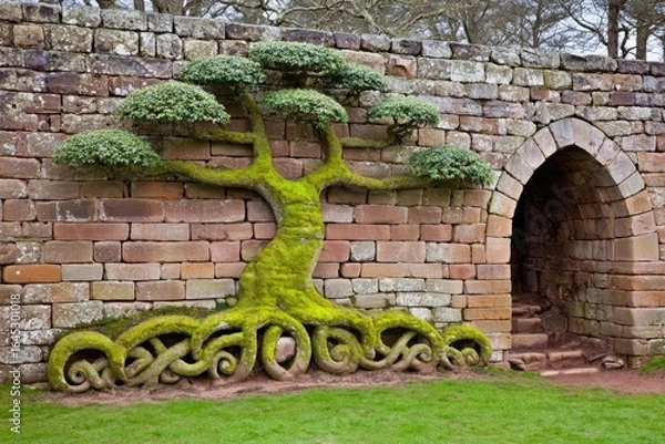 Fototapeta Sculpted tree on a stone wall, moss-covered roots