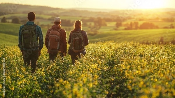 Obraz Young Explorers Walking Through Blossoming Fields at Sunset