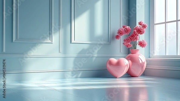 Obraz Versatile Decoration for Valentine's and Mother's Day with 3D Heart Balloons Flying on Blue Background, Banner Template Copy Space Collage Style.