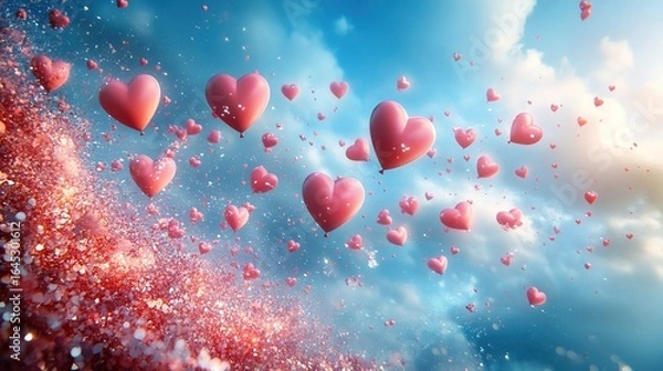 Obraz Collage Style Photo Manipulation 3D Heart Balloons Flying on Blue Background for Valentine's Decoration Design with Copy Space.