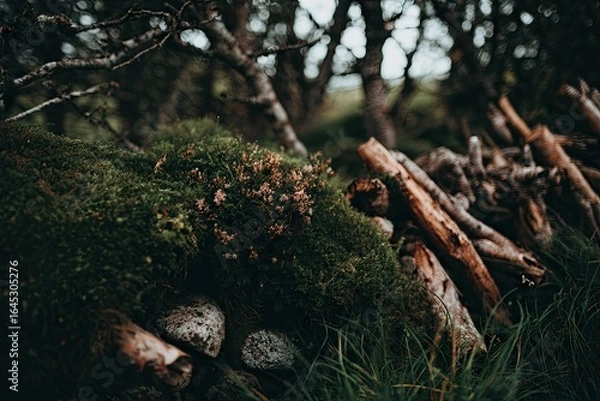 Fototapeta Moss-covered stone wall with dry branches