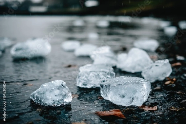 Fototapeta Ice cubes scattered on wet dark ground by a body of water