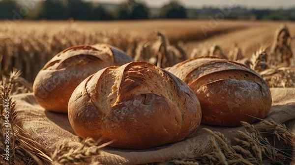 Fototapeta Golden crusted artisanal bread loaves resting on rustic burlap in a sunlit wheat field, symbolizing farm-to-table freshness, traditional baking craftsmanship, natural rural charm in warm evening light