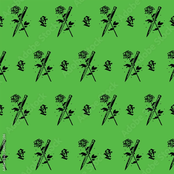 Fototapeta A pattern of crossed knives and roses. Ornament for packaging. Monogram of Gothic letters S and L. Vector. An illustration for an individual design. The name of the studio or product.