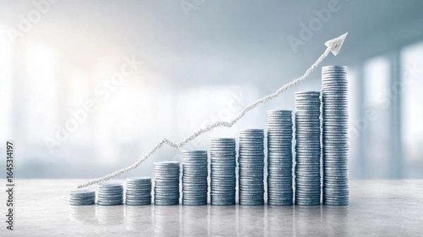 Fototapeta Stacks of silver coins with glowing cloud arrow symbolizing financial growth, wealth and investment success