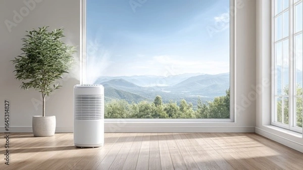 Fototapeta Modern Air Purifier in Minimalist Room with Scenic Mountain View