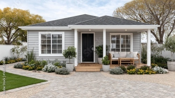Fototapeta Quaint Grey House with Partial Porch and Autumnal Trees