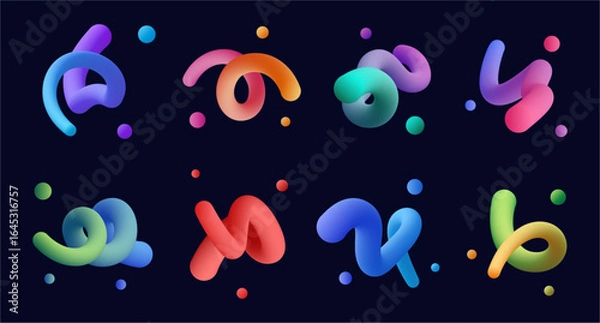 Obraz Abstract gradient swirl shapes with dots set. Vector 3D graphic with smooth wavy lines in rainbow style. Vivid fluid motion effects and vibrant spectrum hues. Twisting elements with dynamic flow