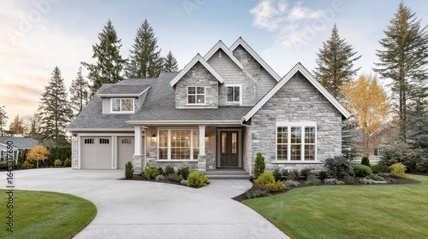 Fototapeta Large Stone and Shingle House with Evergreen Trees