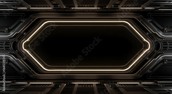 Fototapeta Futuristic interior with dark metallic panels and glowing lights. Empty hexagonal shaped opening in a spaceship corridor.