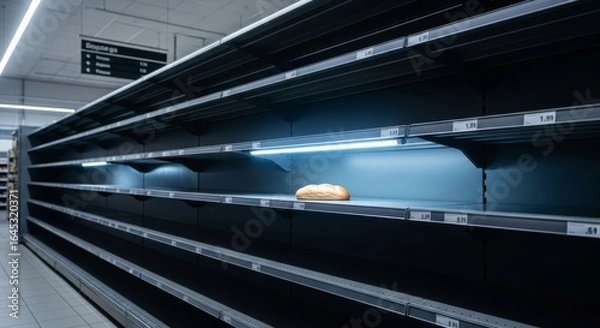 Fototapeta A single loaf of bread sits alone on an otherwise empty supermarket shelf.  This striking image symbolizes scarcity, supply chain issues, or even the aftermath of panic buying. The stark contrast