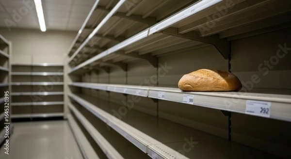 Fototapeta A single loaf of bread sits alone on an otherwise empty supermarket shelf.  The image evokes feelings of scarcity and potential crisis. Perfect for illustrating themes of shortage, supply chain