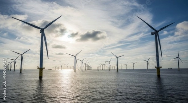 Fototapeta Offshore wind farm energy generation.  Numerous wind turbines in the North Sea, generating clean energy.  A sustainable solution for renewable resources.  Image depicts power and environmental