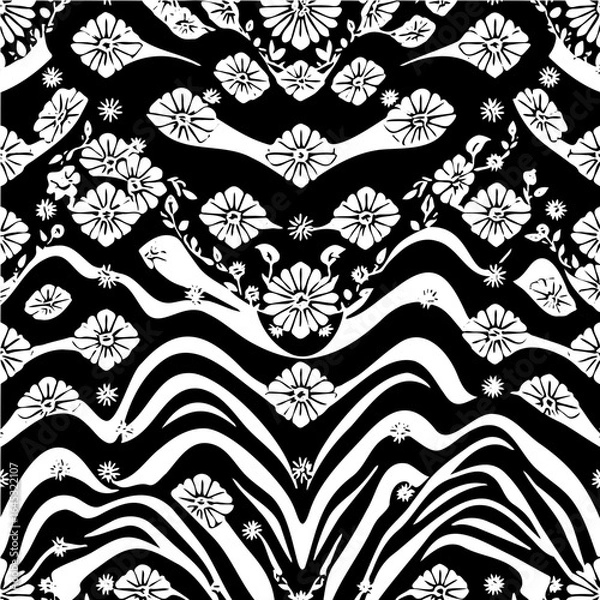 Fototapeta Wavy boho floral triangle pattern, distorted perspective, optical illusion effect