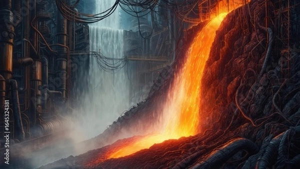 Fototapeta Lava waterfall cascading into a  futuristic, industrial landscape with a waterfall