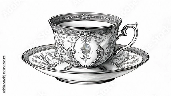 Fototapeta Ornate teacup and saucer, detailed illustration