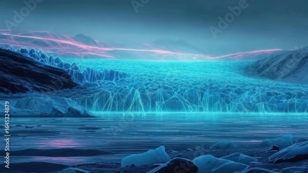 Fototapeta A vast glacier, illuminated by ethereal, glowing blue lines, stretches across a serene landscape.  Pale pink/purple mountain ranges frame the scene