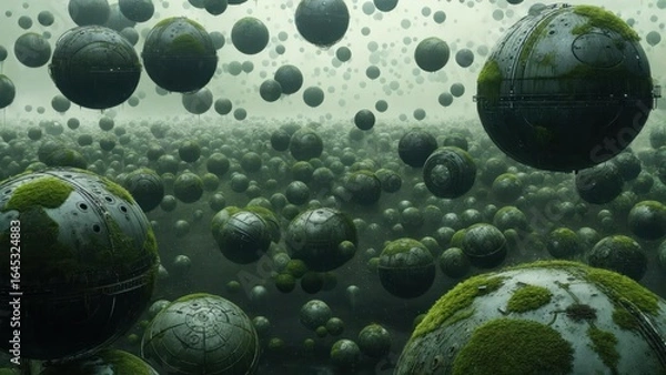 Fototapeta Floating, mossy spheres in a misty, alien landscape