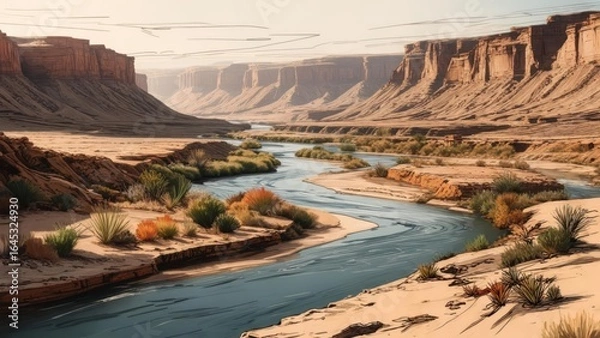Fototapeta Serene desert river canyon.  Vast canyon landscape with a winding river.  Desert landscape, gentle light