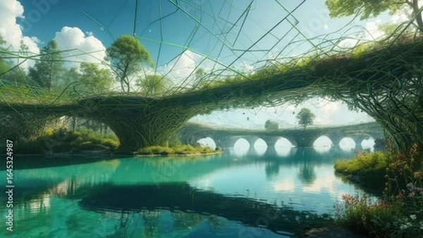Fototapeta Lush, fantastical bridge over a tranquil lake.  A surreal landscape with vibrant greenery, intricate structures, and a calm waterway