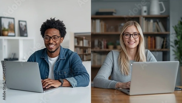 Fototapeta Remote Connection -  image showing a multi-ethnic male on the left and a white female on the right, both working from different locations but connected