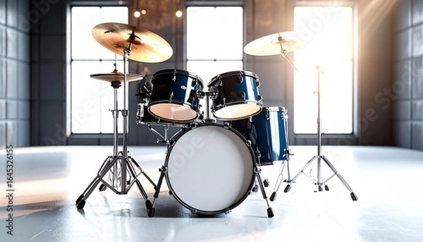 Obraz A professional blue drum kit set up in a modern studio room with bright sunlight streaming through large windows.