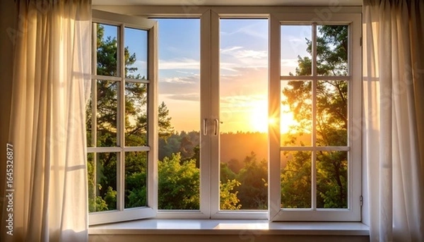 Fototapeta Golden Sunset View Through Open Window with Curtains and Trees