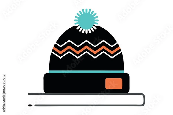 Fototapeta Black Winter Beanie with Teal Pom and Zigzag Pattern winter hat knitted hat