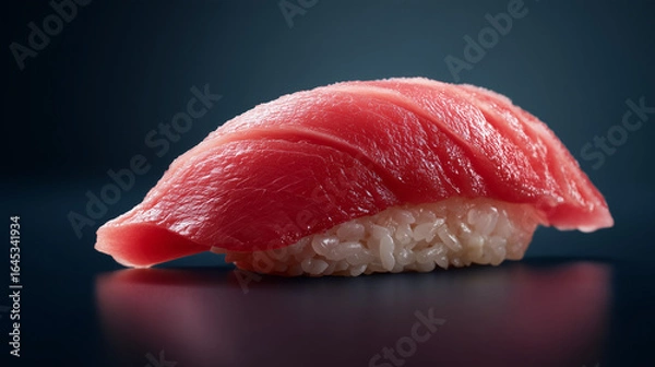 Fototapeta 光沢のある美しい赤身と中トロのまぐろ握り寿司を一貫だけクローズアップ