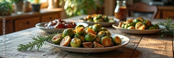 Fototapeta Rustic dining: fresh brussels sprouts and roast on wooden table with sunlit backdrop