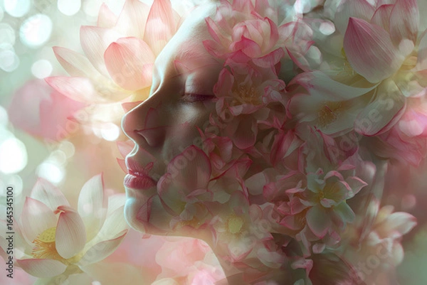 Fototapeta Surreal double exposure of a serene human face merged with blooming lotus flowers, symbolizing enlightenment, transformation, and mental clarity, delicate pastel tones for healing