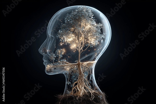 Obraz Futuristic surreal digital painting of a transparent human head with a glowing tree inside, roots intertwining with neurons, symbolizing mental growth, clarity, and resilience,mindfullness,digi mind