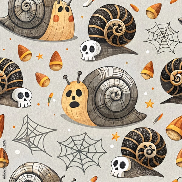 Obraz Spooky seamless pattern featuring cartoon snails with Halloween faces, candy corn, skulls, and spider webs on a gray background.