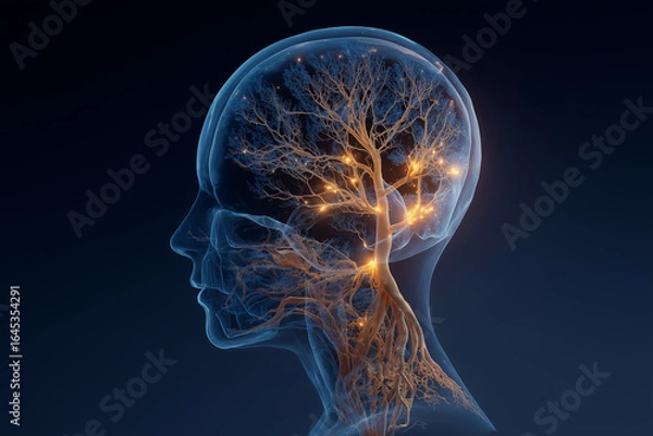 Fototapeta Futuristic surreal digital painting of a transparent human head with a glowing tree inside, roots intertwining with neurons, symbolizing mental growth, clarity, positive mind