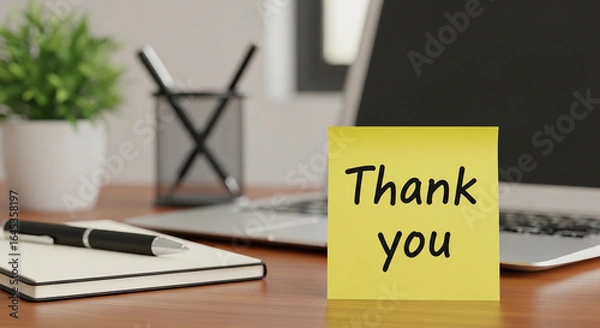 Fototapeta Thank you note on a desk with a laptop plant pen holder and notebook in a bright office setting