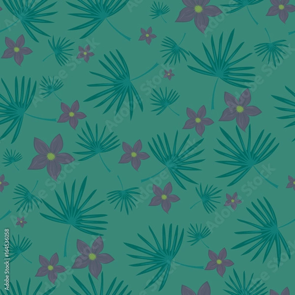 Fototapeta Seamless floral pattern. Background in small flowers and leaves on a green background for textiles, fabric, cotton fabric, covers, wallpaper, print, gift wrap, postcard.