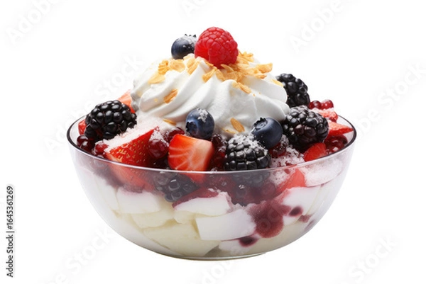 Obraz A Bowl of Fresh Fruit and Fluffy Whipped Cream. White or PNG Transparent Background.