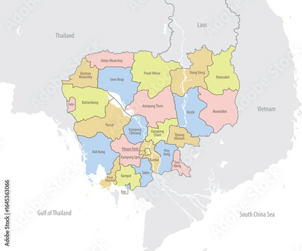 Fototapeta Detailed map of the Kingdom of Cambodia with administrative divisions and borders of neighboring countries, vector illustration on white background